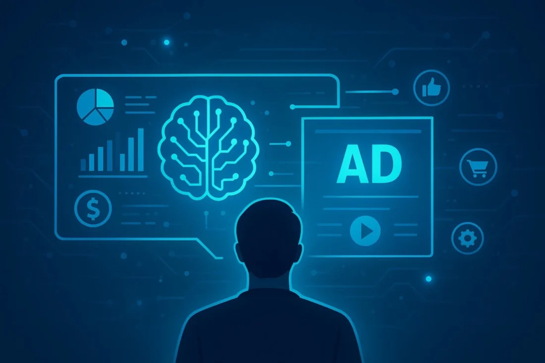 Illustration of AI analyzing user data to create personalized digital advertisements.