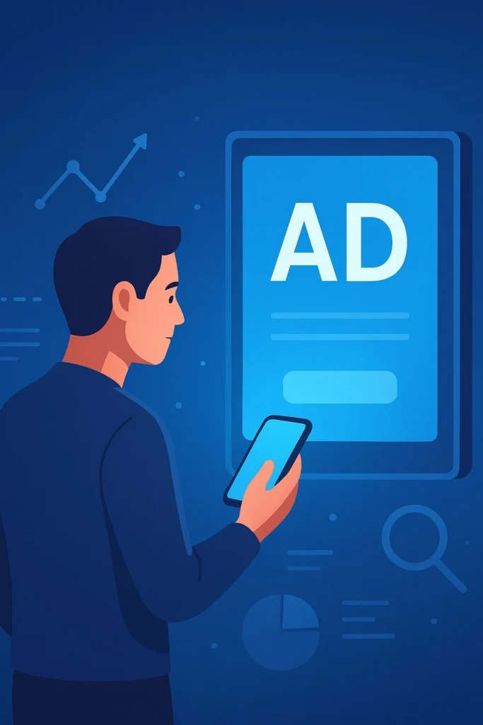 Illustration of a person interacting with AI-powered personalized advertisements on a digital display.