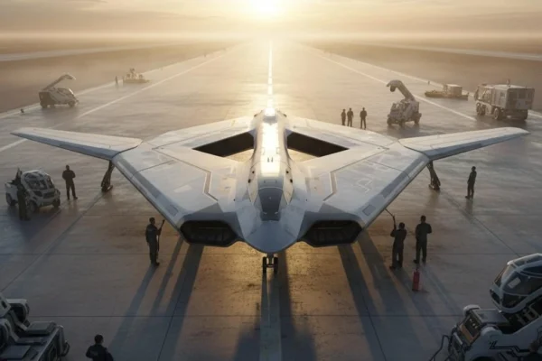 Blended-wing aircraft prototype on runway during sunrise with engineers and vehicles around.