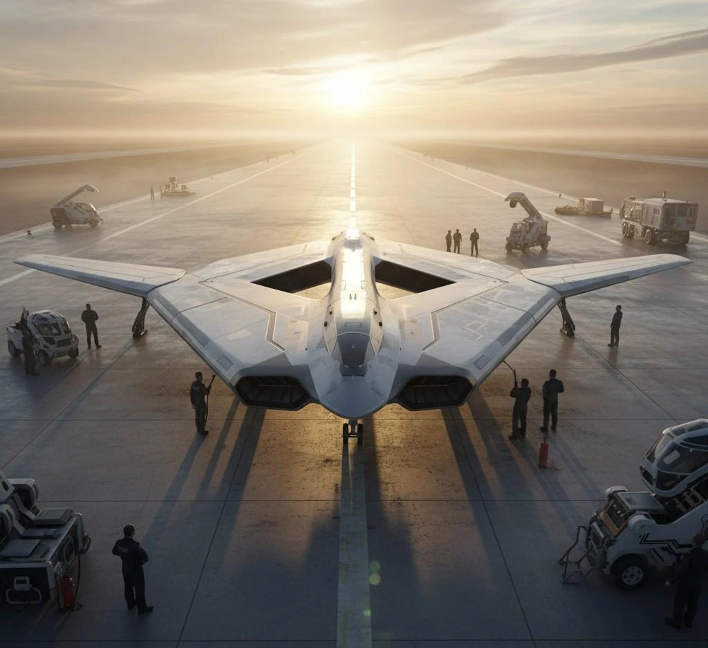 Blended-wing aircraft prototype on runway during sunrise with engineers and vehicles around.