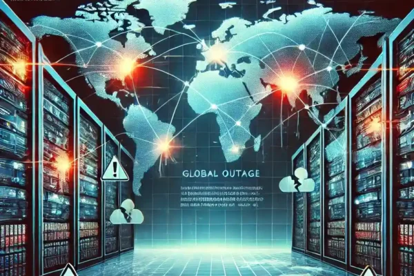 Global internet outage illustration showing server racks and disrupted network connections.