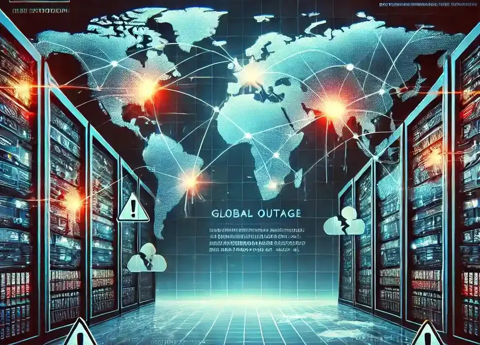Global internet outage illustration showing server racks and disrupted network connections.