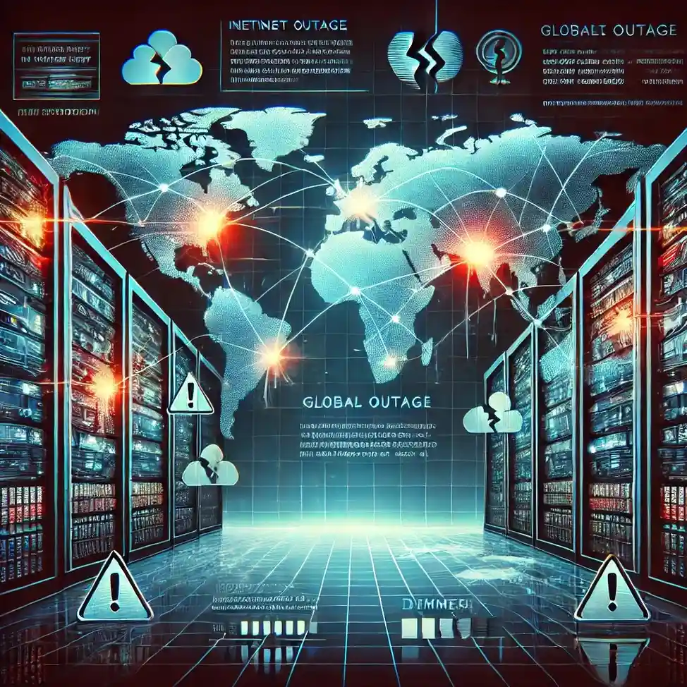 Global internet outage illustration showing server racks and disrupted network connections.