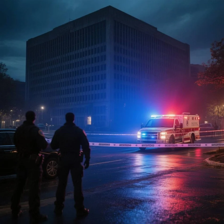 Police officers and an emergency vehicle at a cordoned-off street near a government building at night, showing heightened security after the D.C. shooting.