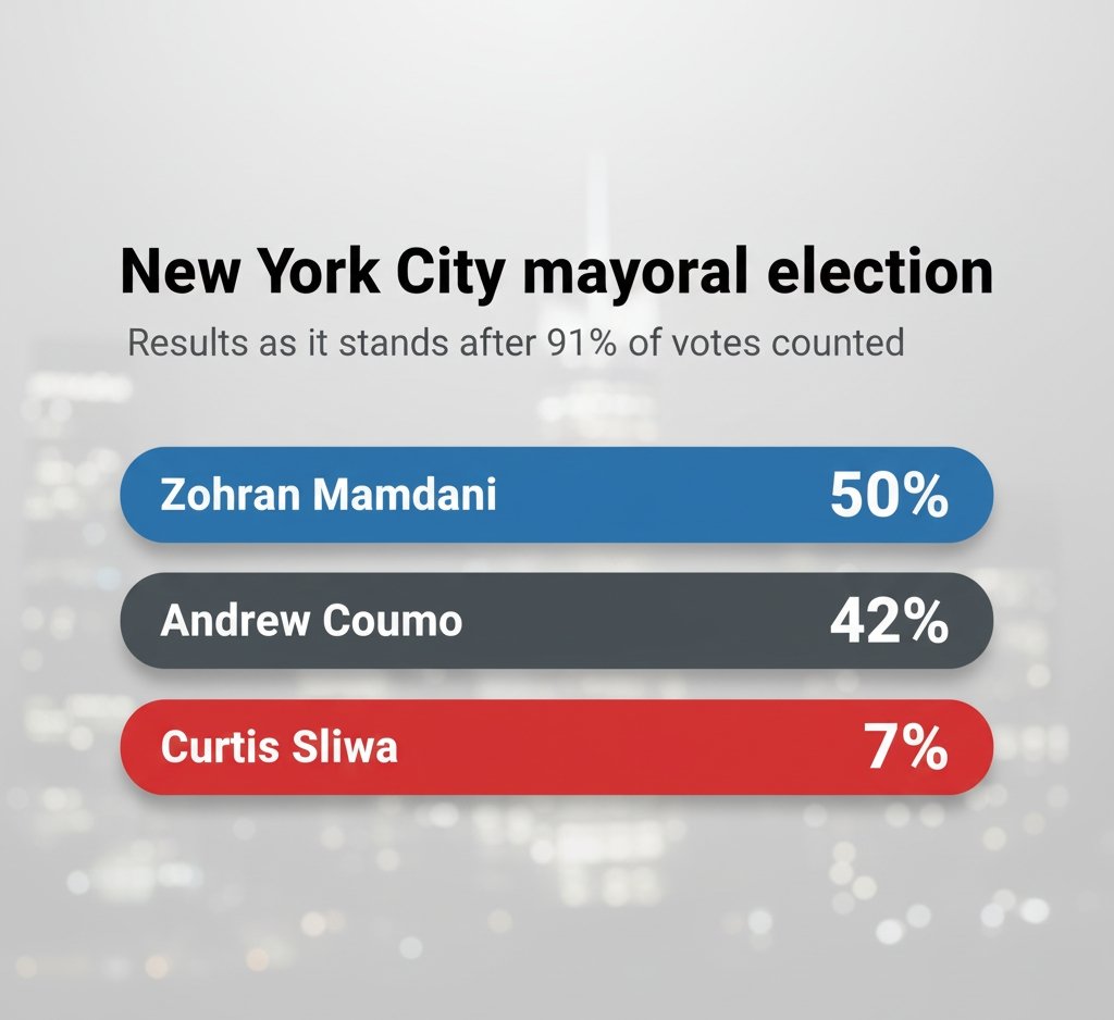Graphic displaying New York City mayoral election results with Zohran Mamdani at about 50%, Andrew Cuomo at 41%, and Curtis Sliwa near 7%.