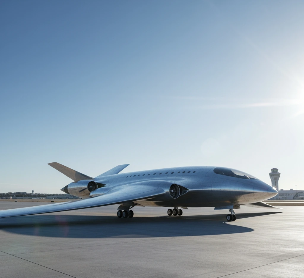 Next-generation blended-wing commercial aircraft concept on runway under clear sky.