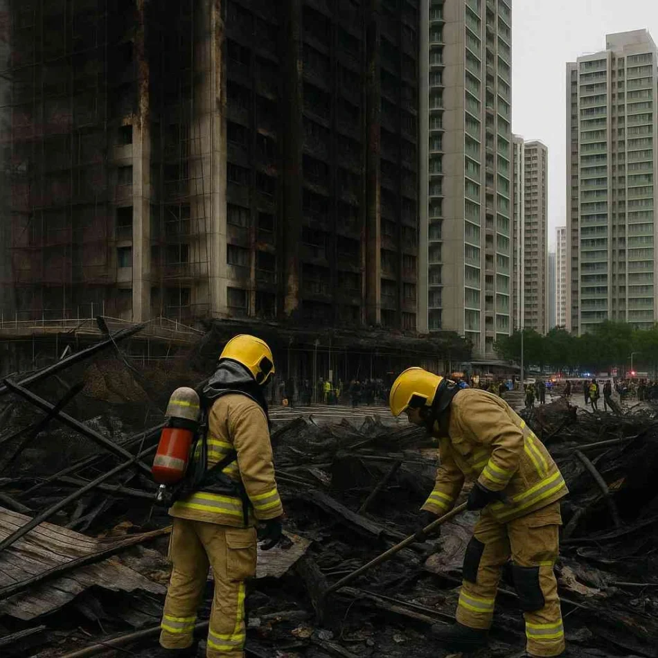 Illustrative image of the aftermath of a high-rise building fire, showing structural damage and heavy smoke.