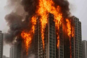 Firefighters battle a massive blaze engulfing a high-rise residential building in Hong Kong, with flames and thick smoke pouring from multiple floors.