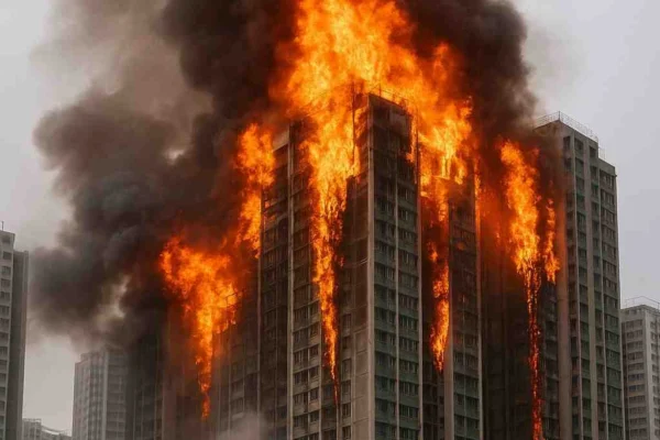 Firefighters battle a massive blaze engulfing a high-rise residential building in Hong Kong, with flames and thick smoke pouring from multiple floors.