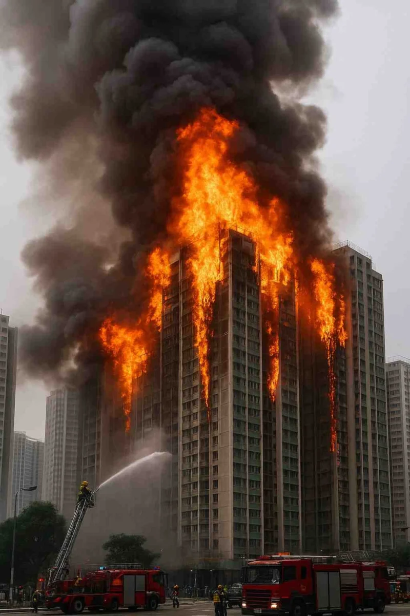 Firefighters battle a massive blaze engulfing a high-rise residential building in Hong Kong, with flames and thick smoke pouring from multiple floors.