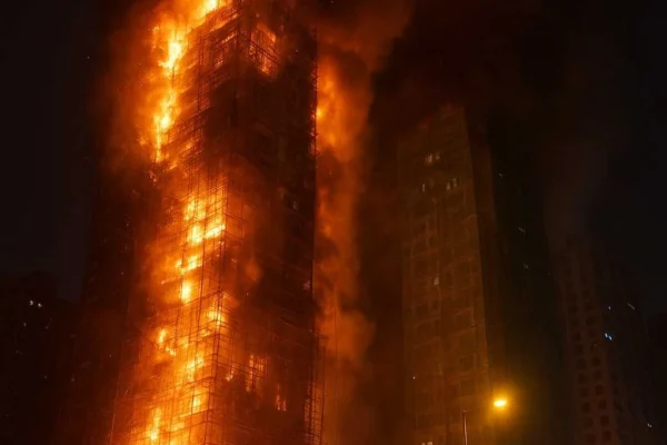Illustrative AI-generated image of a high-rise building in Hong Kong engulfed in flames at night, with scaffolding burning, thick smoke rising, and fire engines responding below.