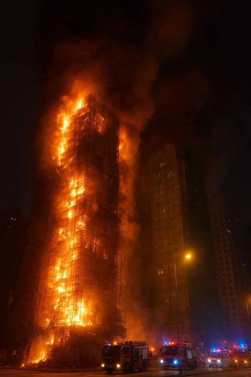 Illustrative AI-generated image of a high-rise building in Hong Kong engulfed in flames at night, with scaffolding burning, thick smoke rising, and fire engines responding below.