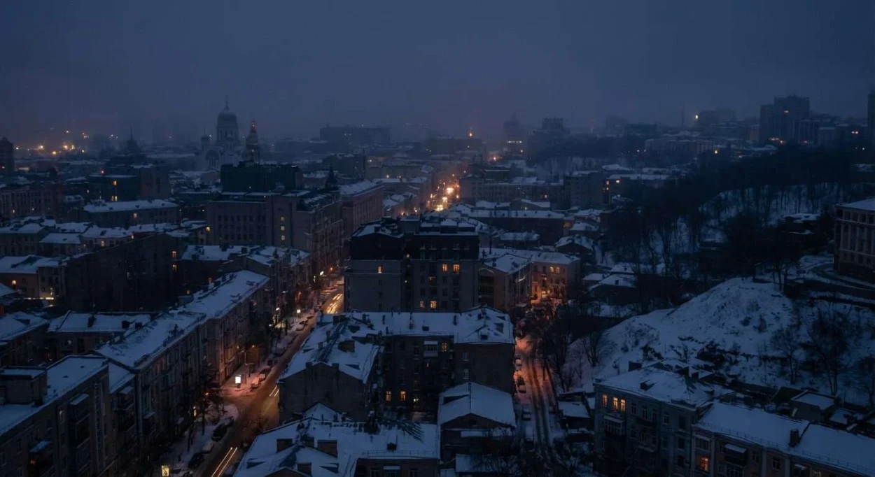 A night view of Kyiv during a winter power outage, showing darkened buildings with a few visible lights, created as an AI-generated illustration representing recent electricity losses after strikes.