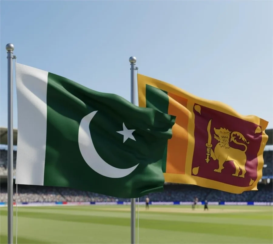 Pakistan and Sri Lanka flags with cricket stadium in the background representing international cricket tour