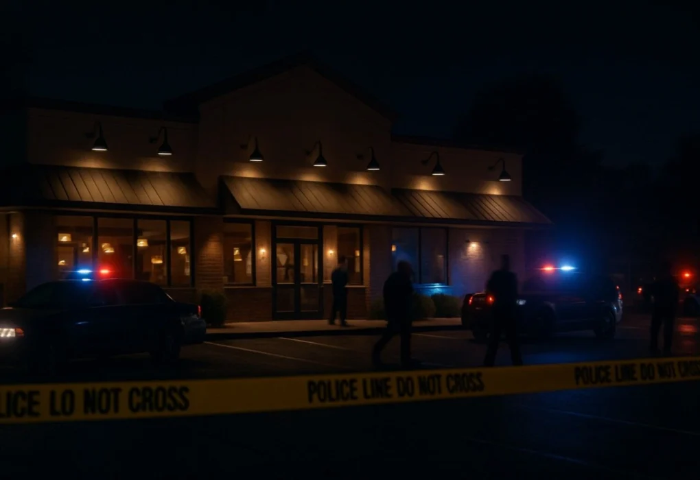 Police cars and crime scene tape outside a restaurant at night, illustrating law enforcement response to a fatal shooting at a child’s birthday party in Stockton, California.