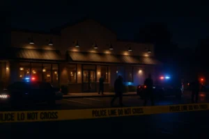 Police cars and crime scene tape outside a restaurant at night, illustrating law enforcement response to a fatal shooting at a child’s birthday party in Stockton, California.