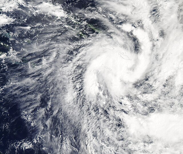 Satellite image showing Typhoon Kalmaegi swirling over the central Philippines.