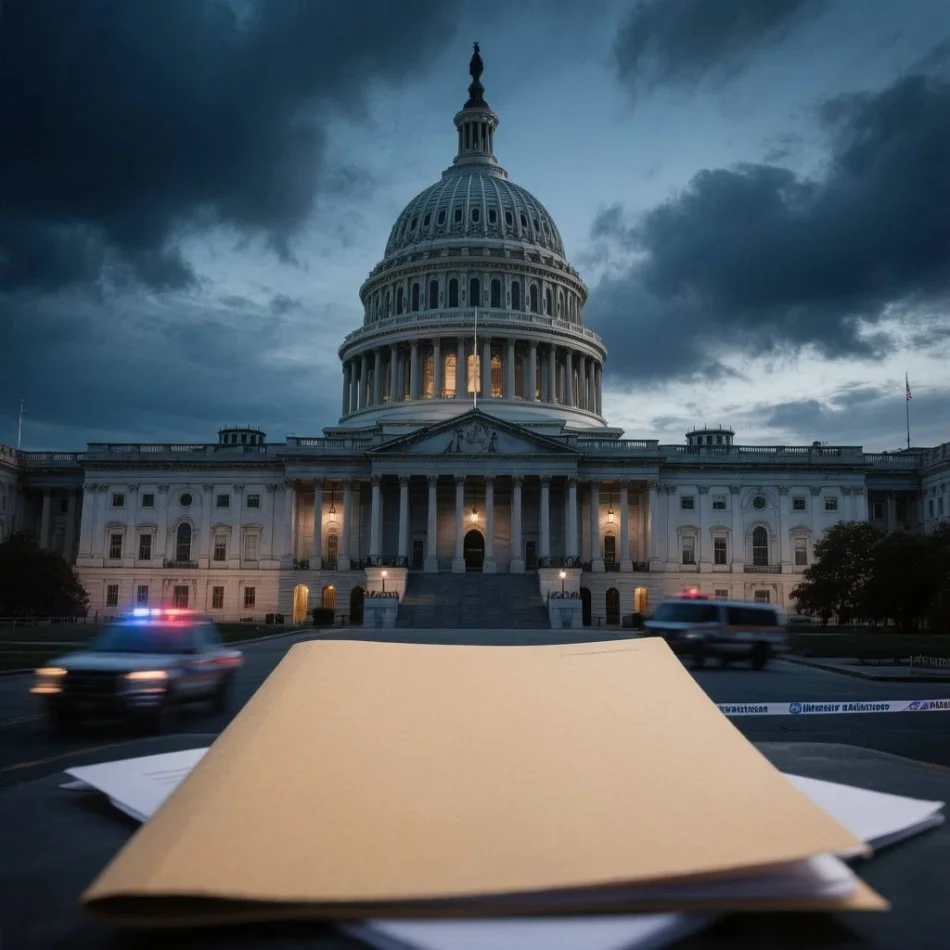 The U.S. Capitol building at dusk with a blank folder in the foreground, symbolizing halted federal asylum decisions.