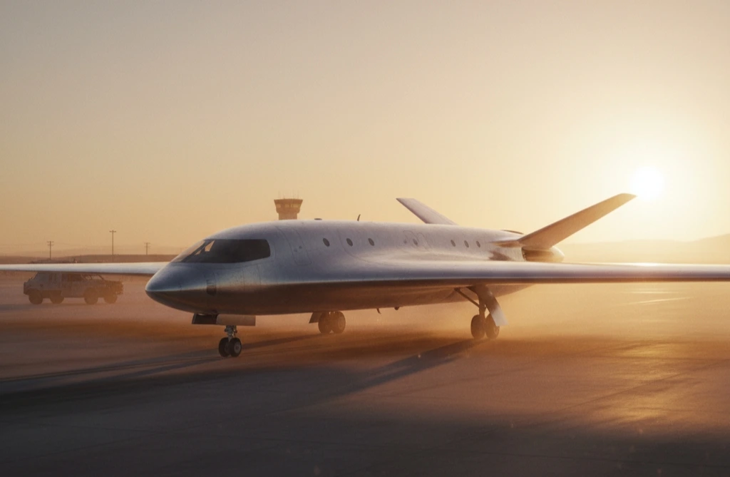 V-shaped blended-wing test aircraft taxiing on runway during sunset.