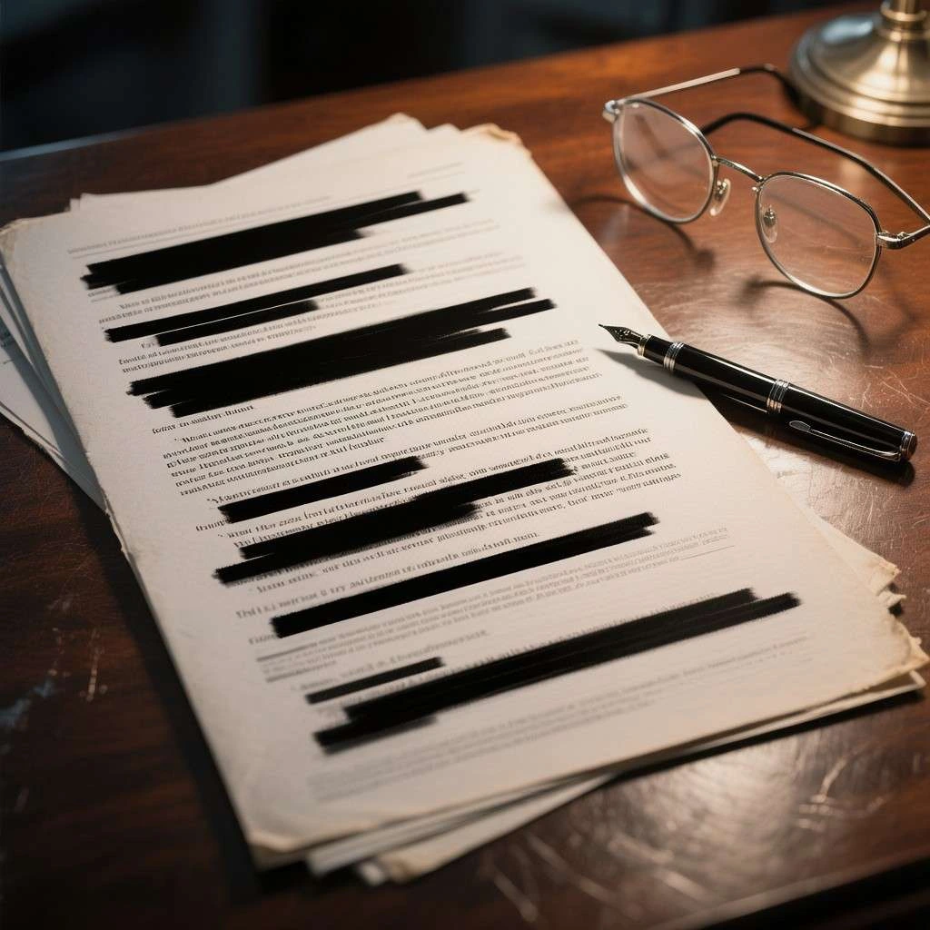 AI-generated illustration showing heavily redacted documents, reflecting public frustration over the release of Epstein-related files.