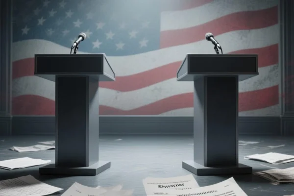 AI-generated illustration of empty podiums before a US flag, symbolizing political tension surrounding the release of redacted Epstein files.