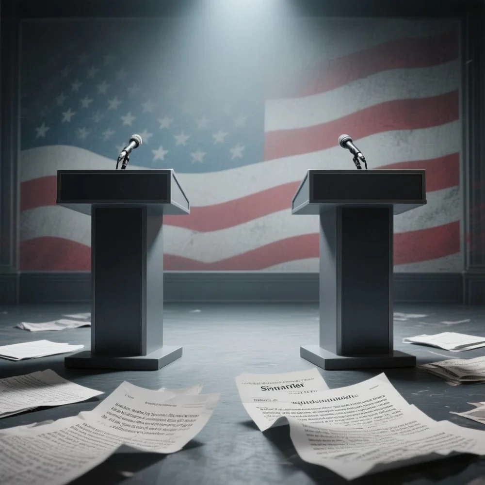 AI-generated illustration of empty podiums before a US flag, symbolizing political tension surrounding the release of redacted Epstein files.