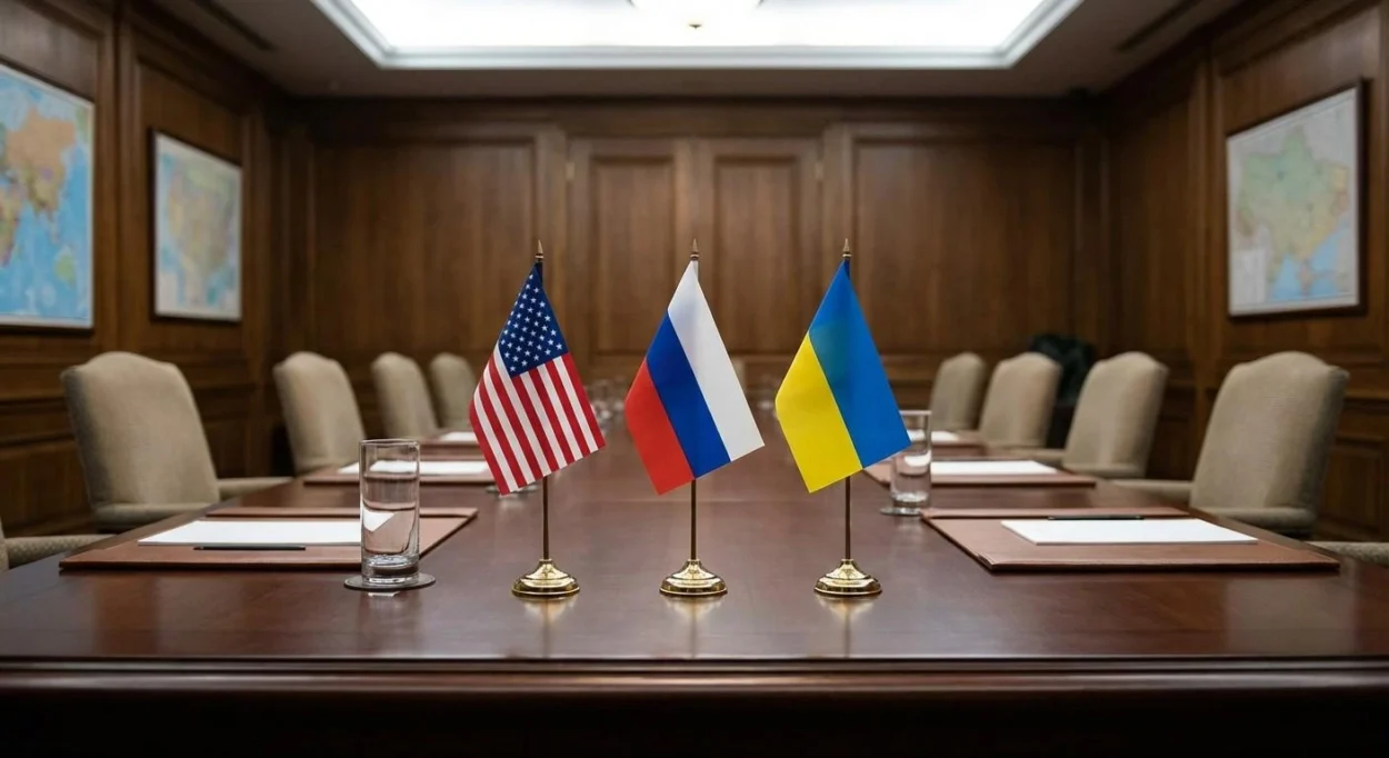 AI-generated illustration of a conference table with United States, Russia, and Ukraine flags for diplomacy discussions.