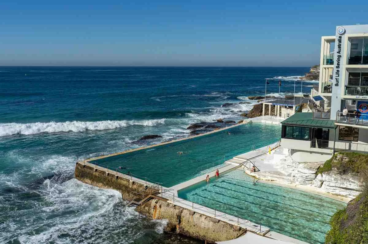 Bondi Beach ocean pool and surf club on a sunny day in Sydney, Australia