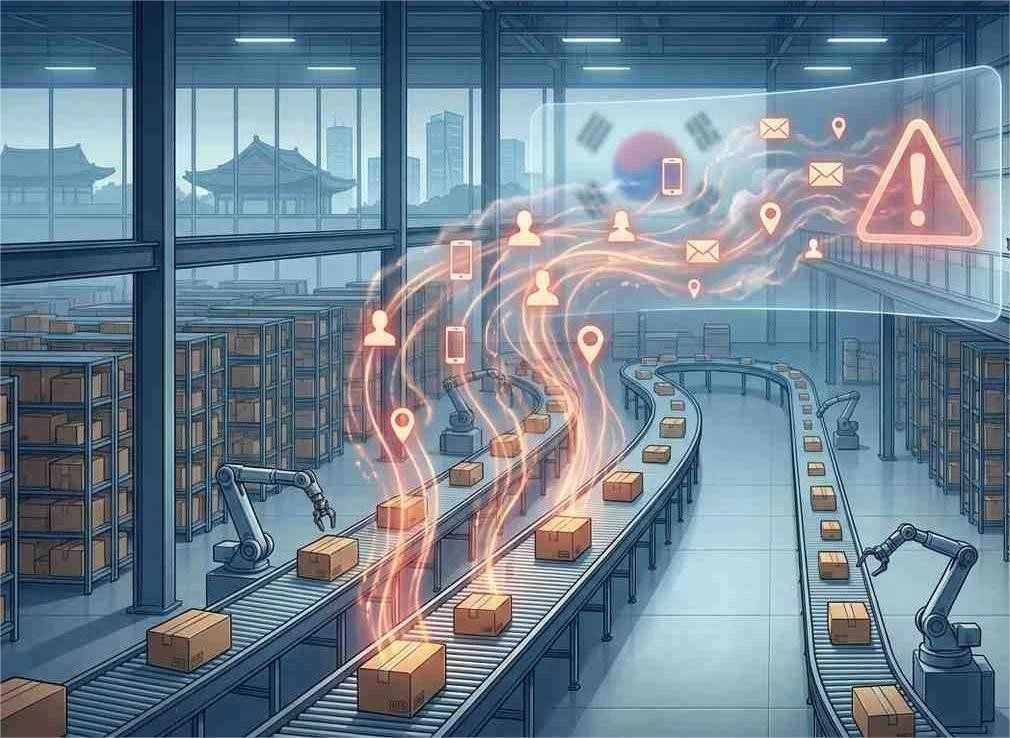 AI-generated illustration of a South Korean e-commerce warehouse with digital data icons leaking from parcels, symbolising the Coupang data breach affecting about 34 million users.