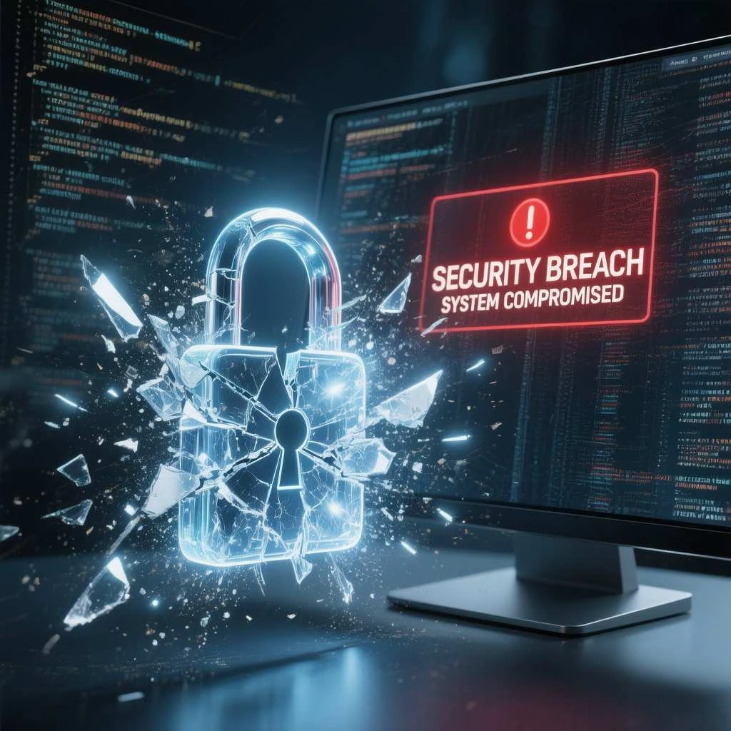 AI-generated illustration of a shattered digital padlock in front of a computer screen warning of a security breach, representing the Coupang customer data leak in South Korea.