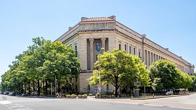 Exterior view of the US Department of Justice headquarters building in Washington, D.C.