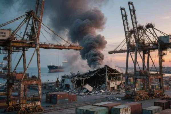 AI-generated illustration showing damage and smoke at a Venezuelan port facility following an alleged US strike linked to drug operations