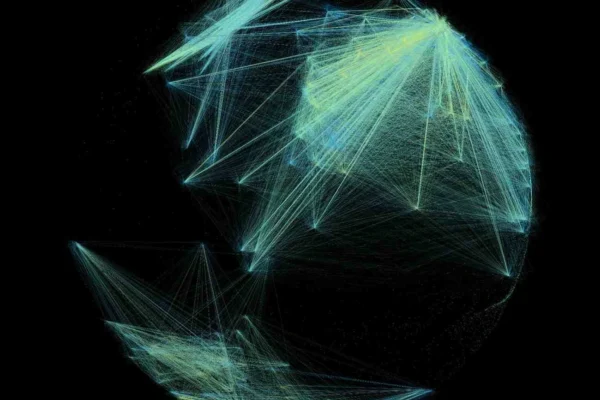 Abstract visualization of a global digital network representing malware-driven residential proxy infrastructure