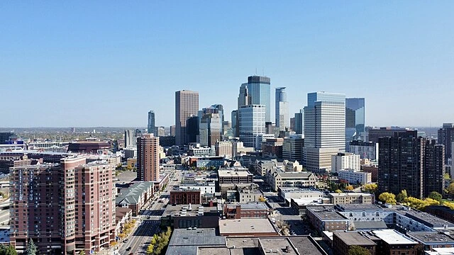 Aerial view of downtown Minneapolis, where federal authorities are investigating the fatal shooting of a woman during an immigration enforcement operation.