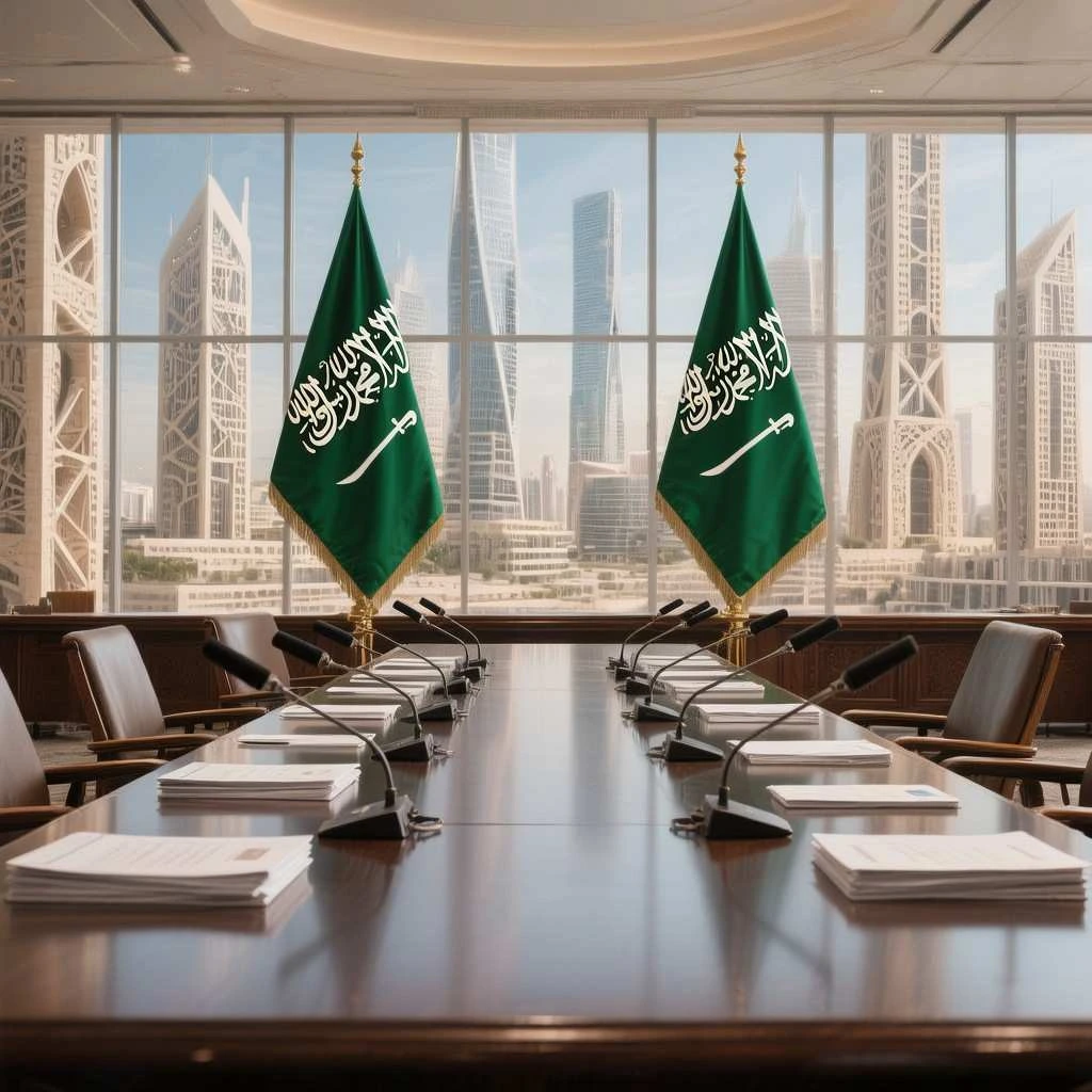 AI-generated image of a Saudi Arabian conference room in Riyadh with two national flags and city skyscrapers in the background, symbolizing peace talks on Yemen.