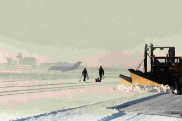 Snow-covered airport runway during a severe winter storm following a private jet crash that disrupted flight operations in the United States