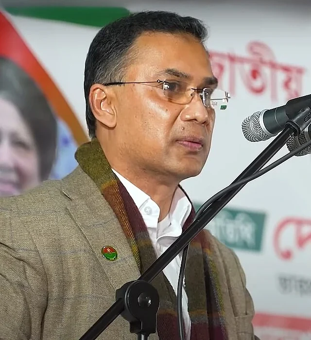 Tarique Rahman, senior leader of the Bangladesh Nationalist Party, speaking at a public event
