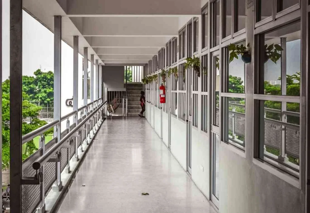 Empty school corridor in a secondary school building in Thailand, used to illustrate a news report about a school shooting in Hat Yai.
