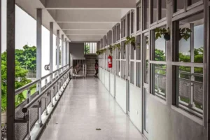 Empty school corridor in a secondary school building in Thailand, used to illustrate a news report about a school shooting in Hat Yai.