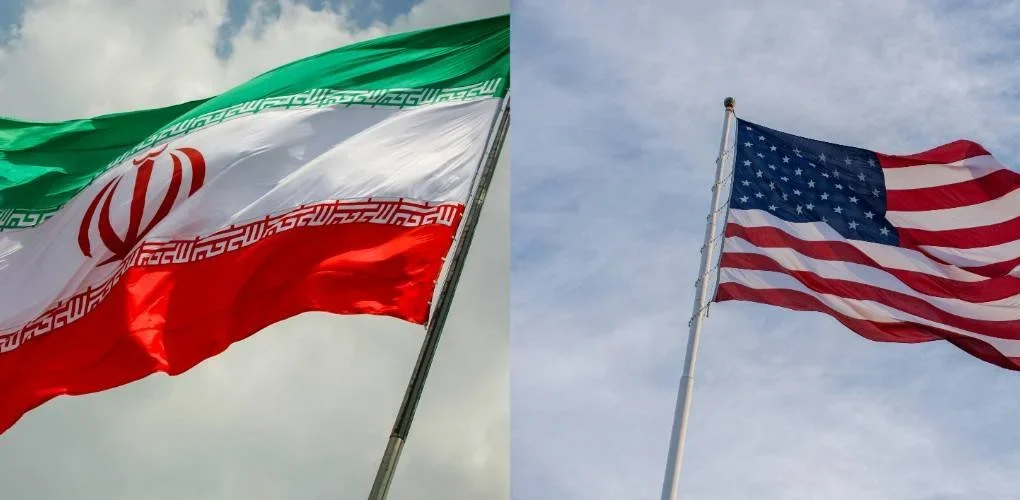 Illustration showing the flags of the United States and Iran side by side, representing diplomatic relations between the two countries