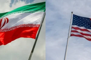 Illustration showing the flags of the United States and Iran side by side, representing diplomatic relations between the two countries