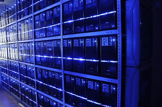 Server racks inside a cloud data center facility, representing AWS infrastructure during the UAE service disruption