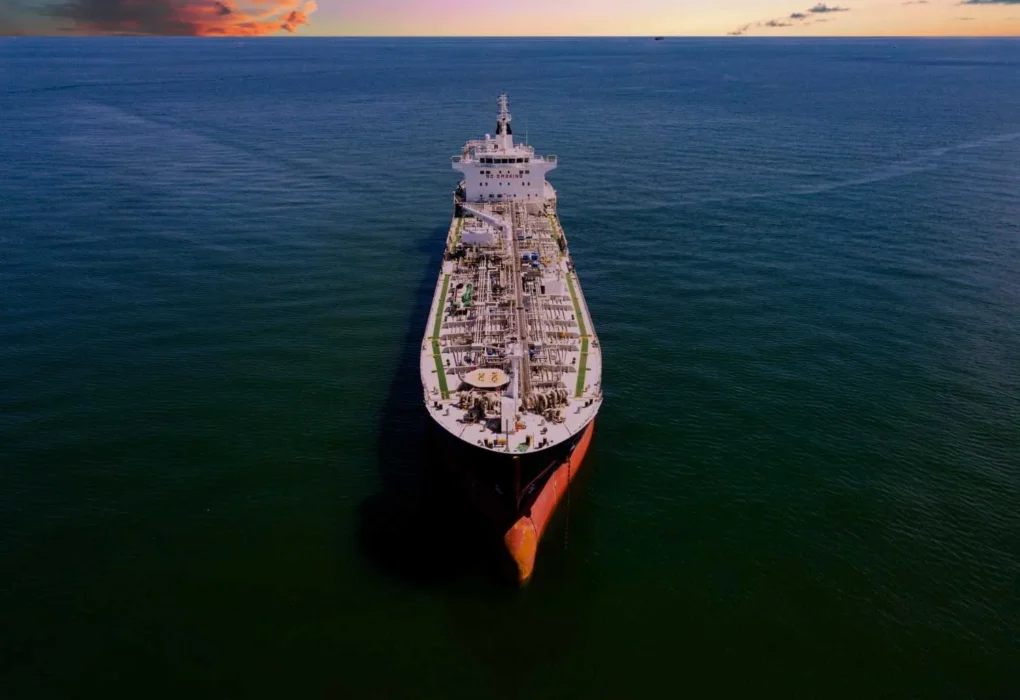 Large crude oil tanker transporting oil across the sea representing global energy supply and shipping routes